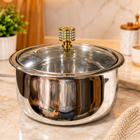 Anupam premium stainless steel serving pot with glass lid in kitchen lifestyle setting