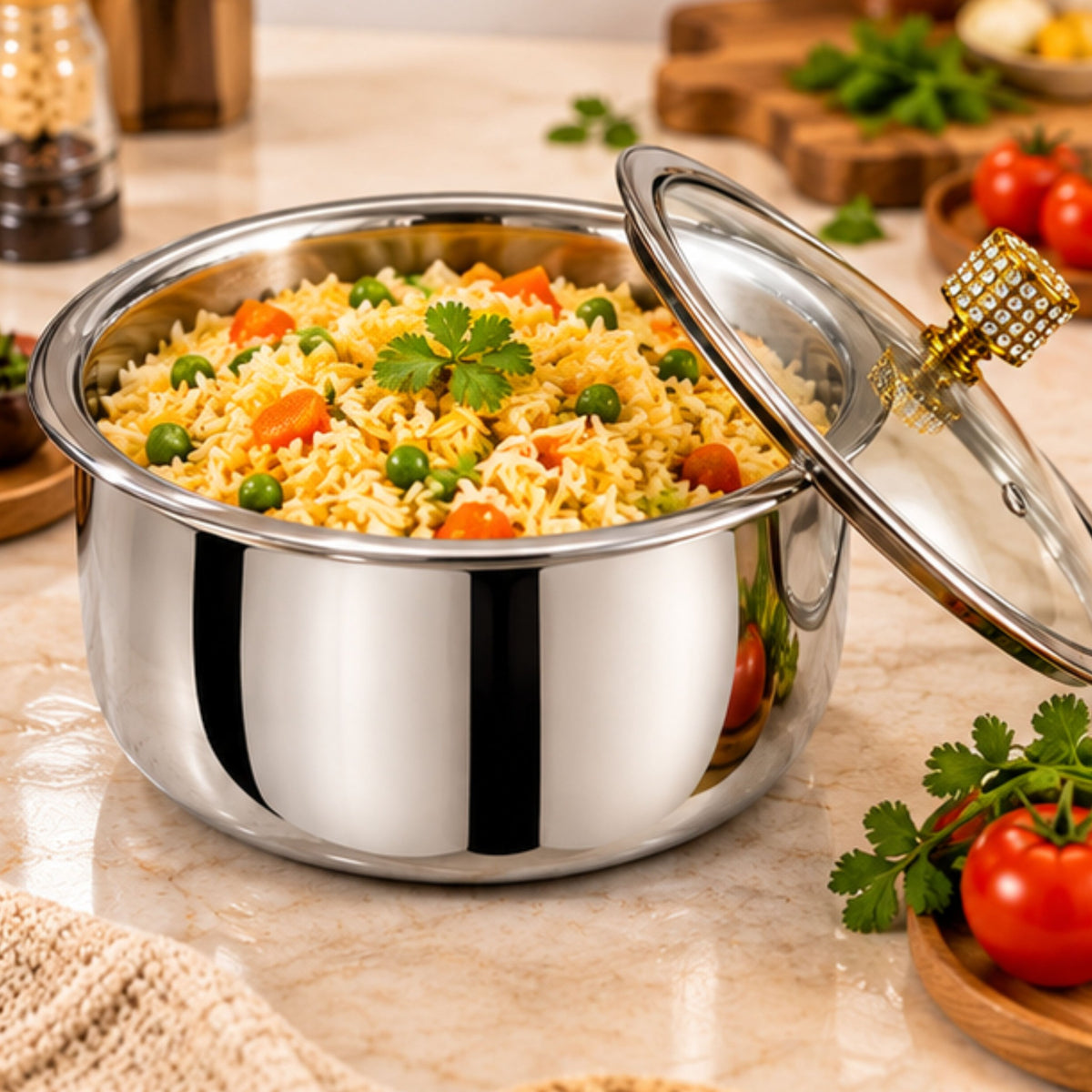 Anupam Premium Stainless Steel Casserole Serving Pot with Transparent Glass Lid & Elegant Gold Designer Knob