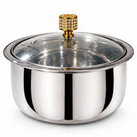 Anupam stainless steel serving pot with transparent glass lid and designer golden knob - front view