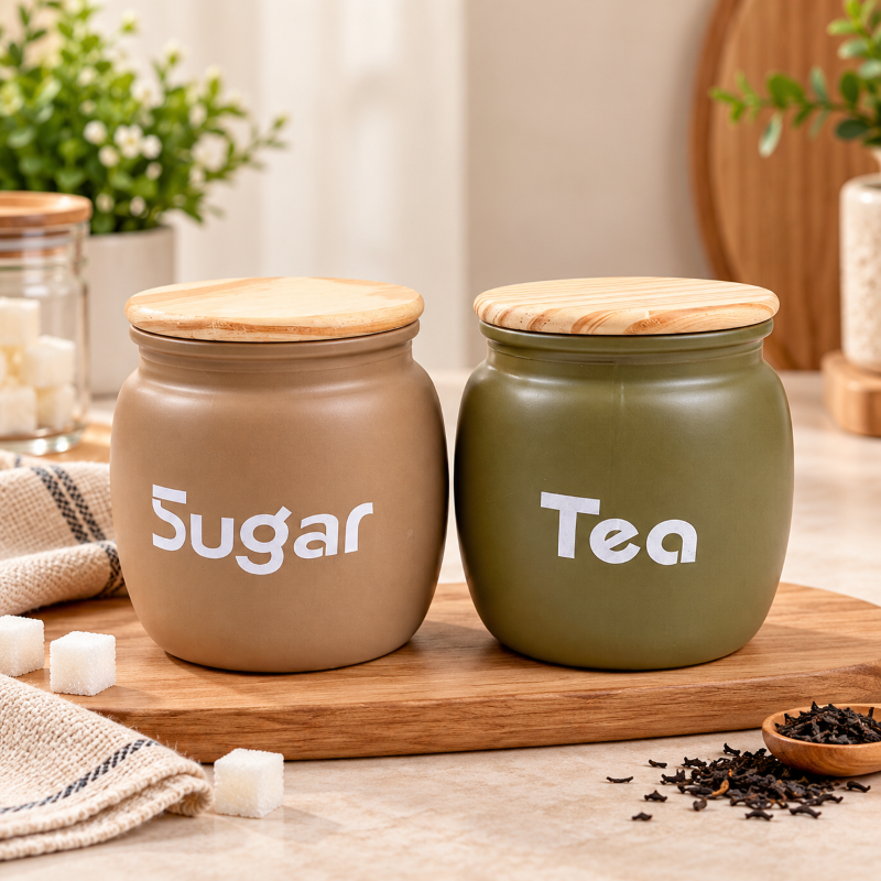 Anupam Sugar and Tea ceramic storage jar set with wooden lids