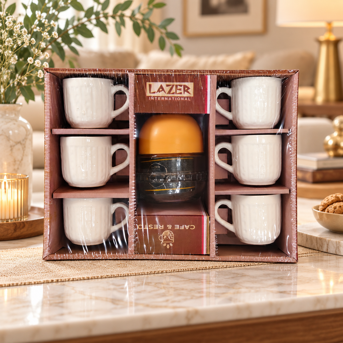 Anupam Premium Tea & Coffee Gift Set with 6 White Ceramic Mugs & Insulated Flask