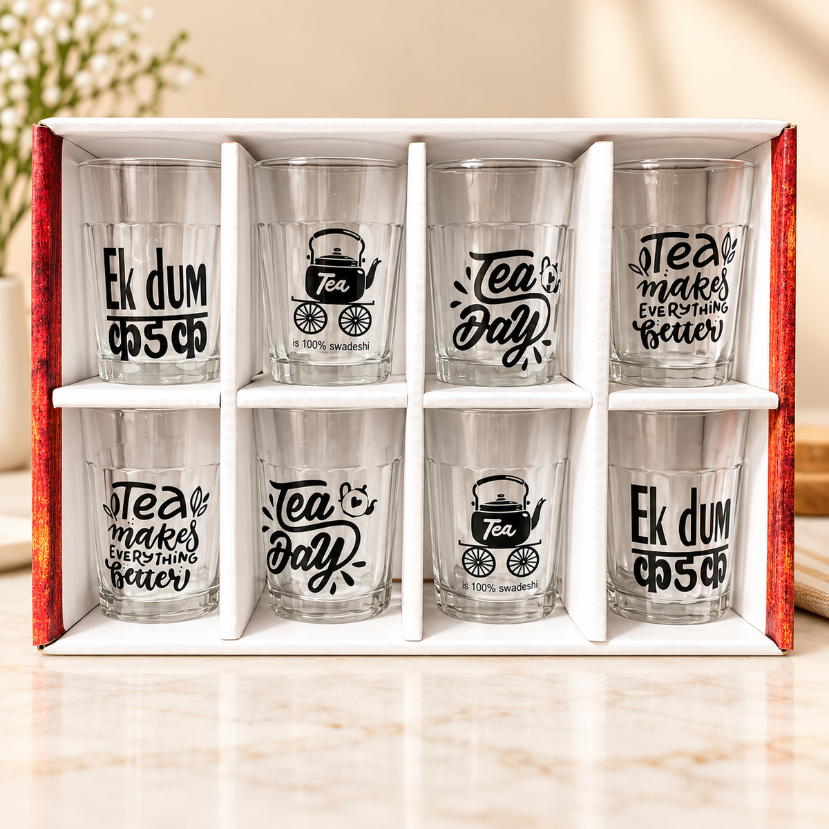 Anupam Premium Printed Tea Glass Set of 8 | Tea Lover Chai Drinking Glasses for Home, Office & Gifting