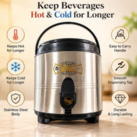 Anupam insulated beverage dispenser features including hot cold retention handle and dispensing tap