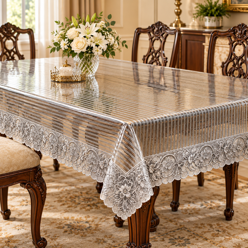 Anupam transparent PVC dining table cover with floral lace border