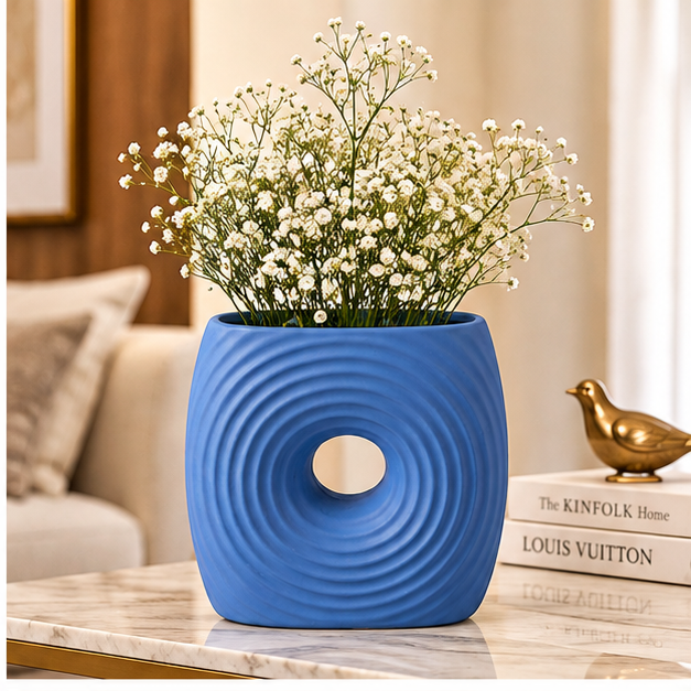 Blue Ceramic Flower Vase with Ripple Design, Decorative Hollow Vase for Home Décor, Table Decor & Gifting (Flower Stick Not Included)