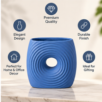 Blue Ceramic Flower Vase with Ripple Design, Decorative Hollow Vase for Home Décor, Table Decor & Gifting (Flower Stick Not Included)