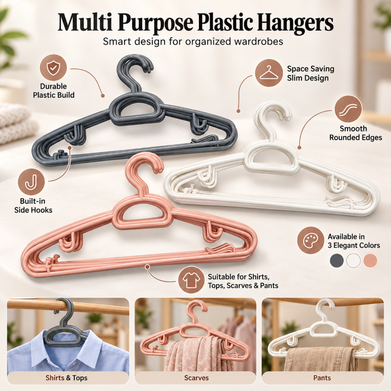 Anupam Pack of 10 Multipurpose Plastic Clothes Hangers with Hooks | Space-Saving Wardrobe Hanger Set for Shirts, Tops, Scarves & Pants