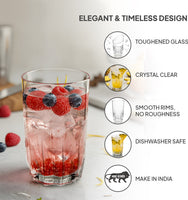 CELLO Bello Glass Tumbler Set of 6 | 300ml Clear Drinking Glasses for Water & Juice | Stylish Multipurpose Beverage Glasses