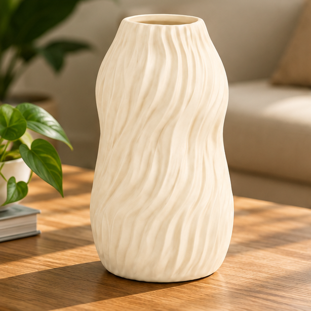 Anupam Cream Wavy Ceramic Flower Vase, White Black Cream Decorative Vase for Home Decor, Table Decor & Gifting