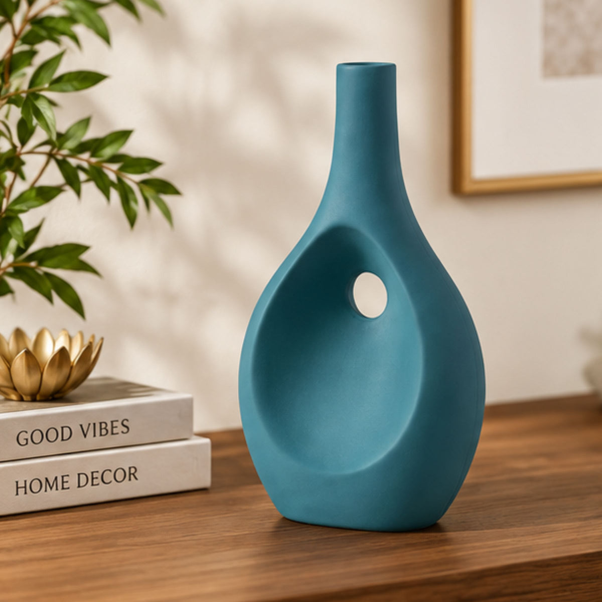 Anupam Premium Stunning Modern Teal Blue Ceramic Bottle Vase Without Flower Sticks for Home Decor Gifts Item - Pack of 1