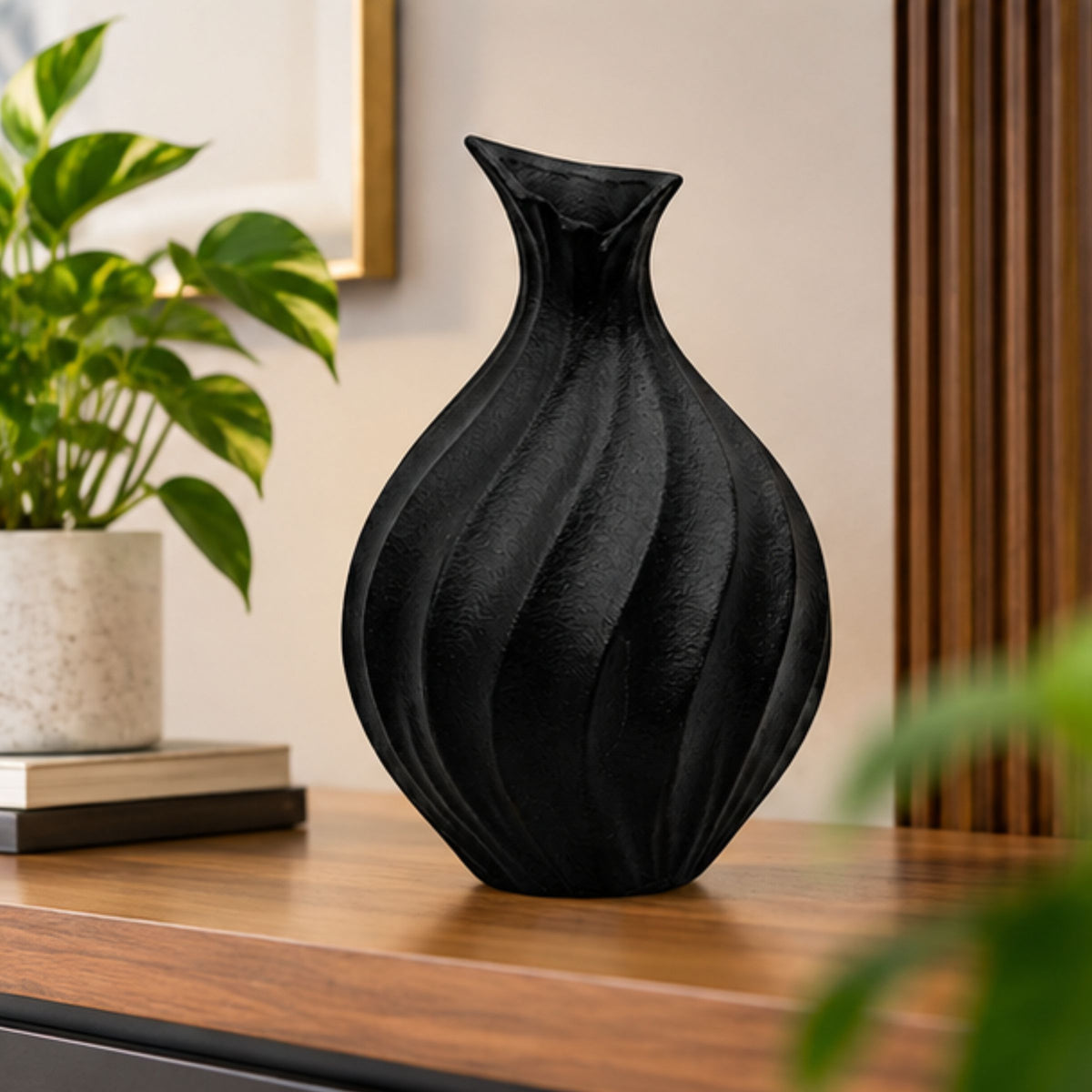Anupam Premium Exquisite Black Ribbed Textured Ceramic Vase for Modern Home Office Decor Gift Items - Flower Stick Not Included