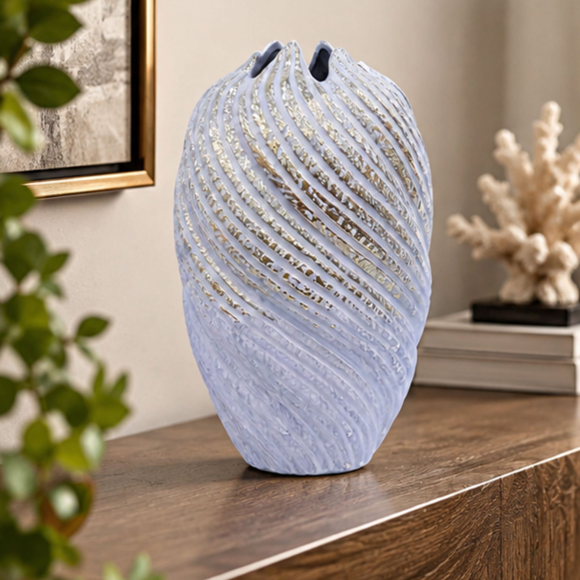 Anupam Premium Enchanting Lavender Spiral Textured Ceramic Vase with Gold Finish Without Flower Sticks for Home Decor Gift Items - Multicolor (Pack of 1)