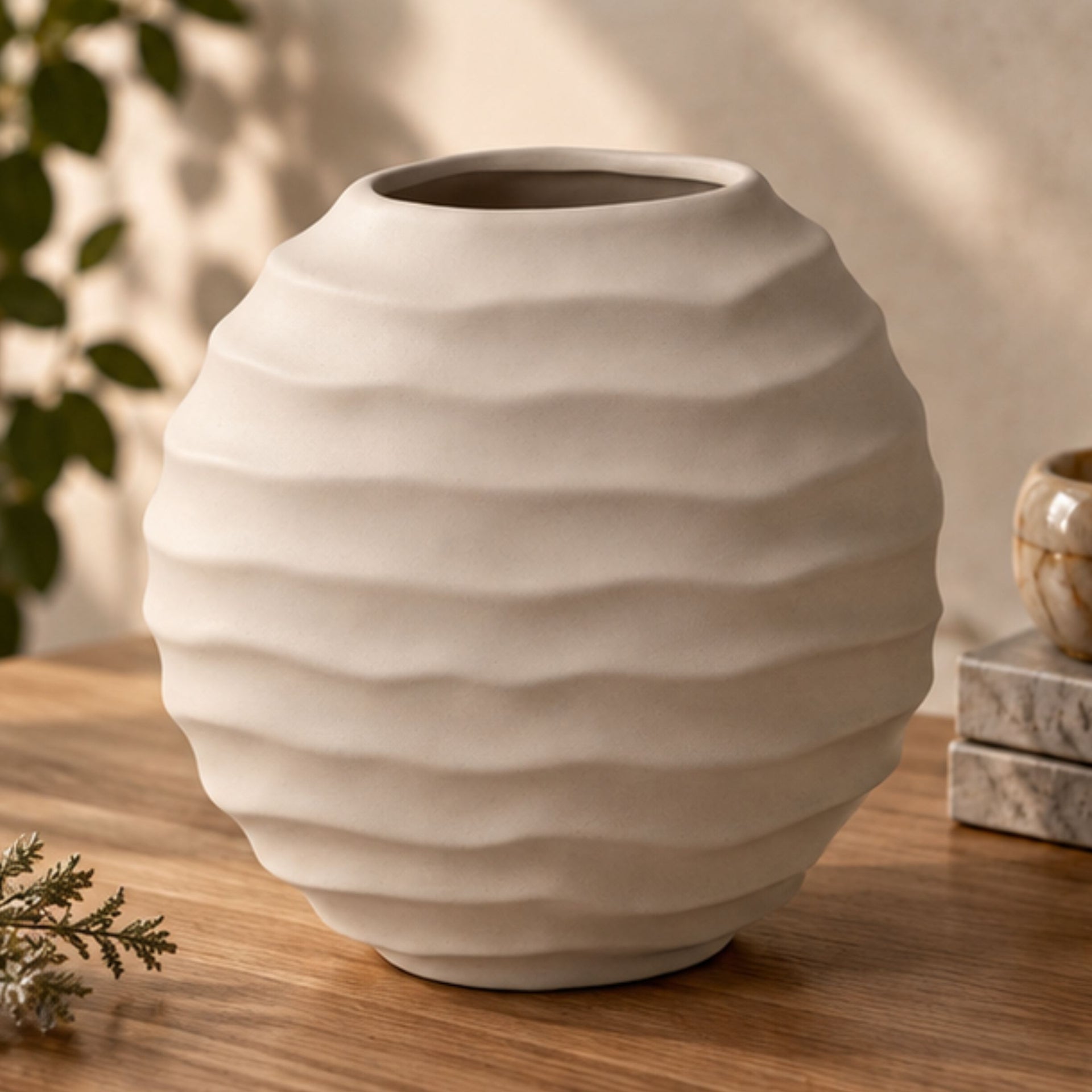 Anupam Premium Charming Modern Beige Ribbed Ceramic Decorative Vase Without Flower Sticks for Home Decor Gift Items - Pack of 1