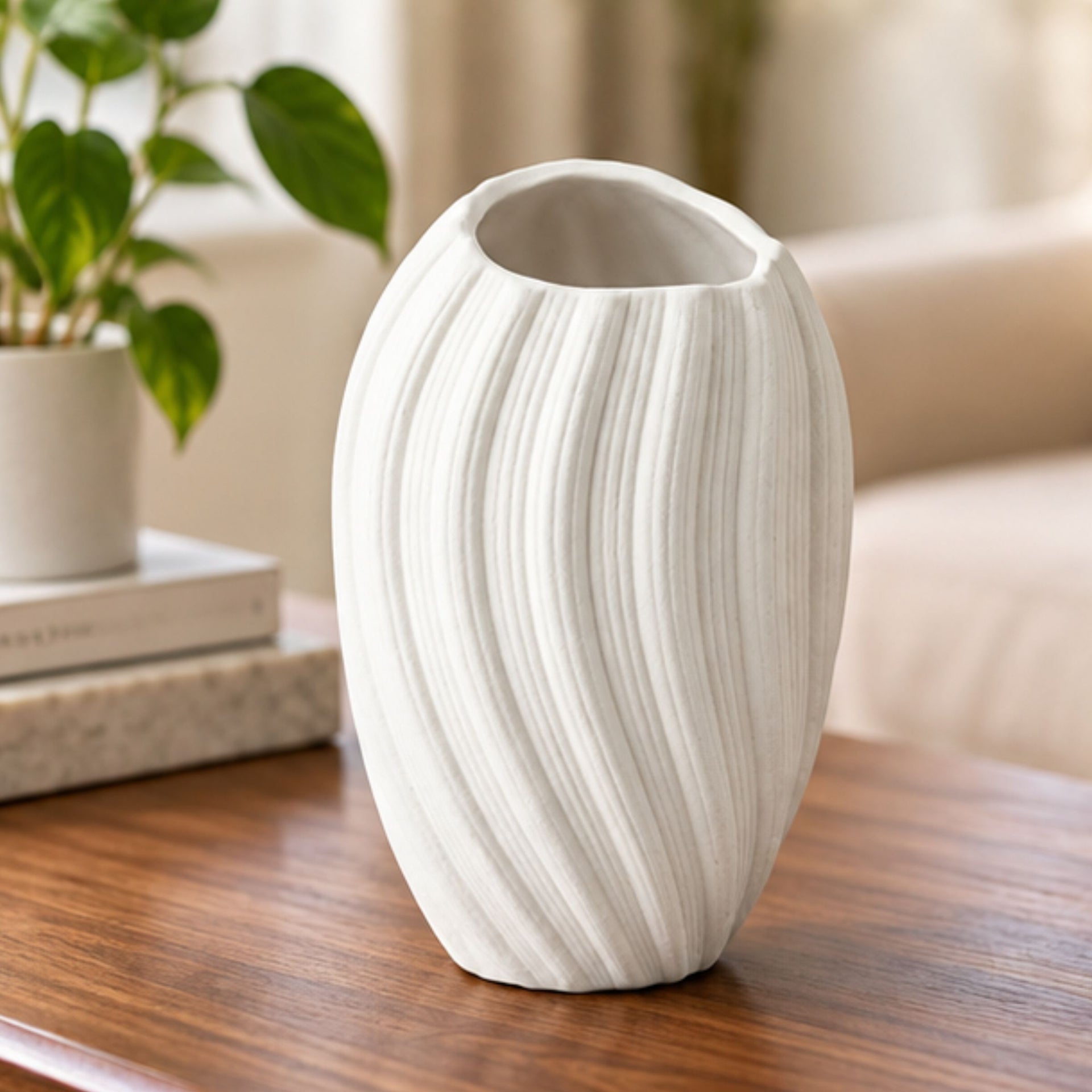 Anupam Premium White Ribbed Ceramic Flower Vase, Pink White Black Decorative Vase for Home Décor, Table Decor & Gifting - White (Flower Stick not Included)