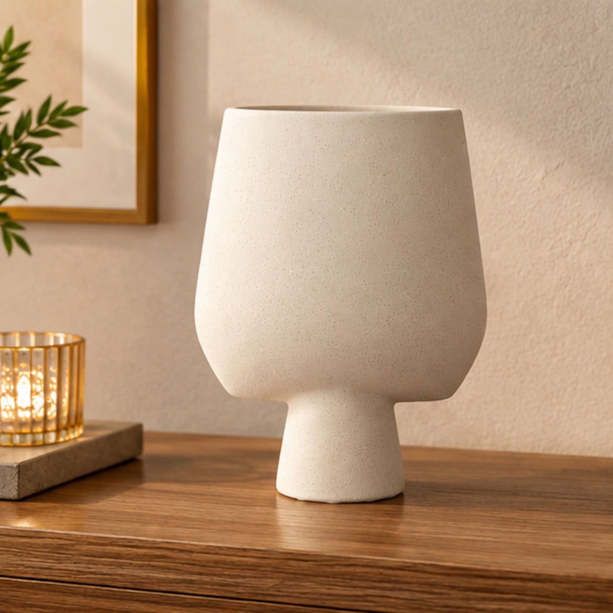 Anupam Premium Elegant Beige Modern Pedestal Ceramic Vase for Living Room Home Decor Without Flower Sticks - Pack of 1