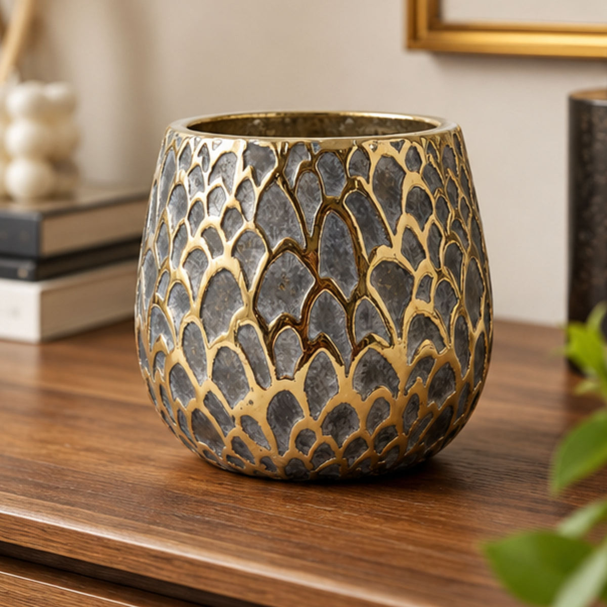Anupam Premium Large Decorative Ceramic Pot with Gold Mosaic Design, Multicolour Flower Pot for Home Decor & Gifting - Golden (Without Flower Sticks)