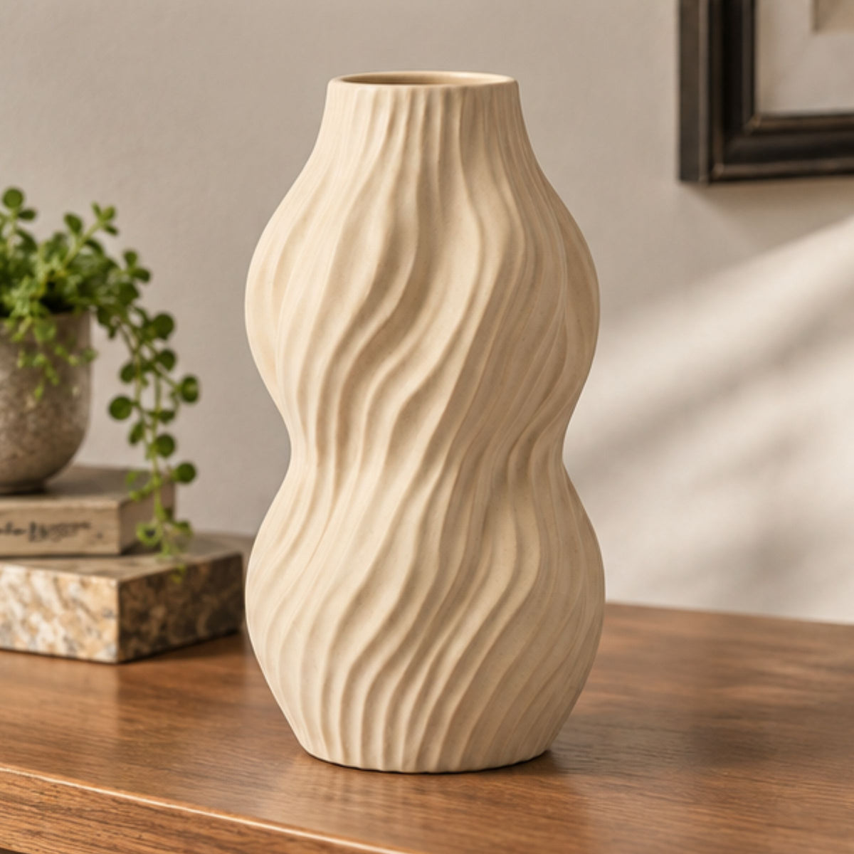 Cream Wavy Ceramic Flower Vase, White Black Cream Decorative Vase for Home Décor, Table Décor & Gifting