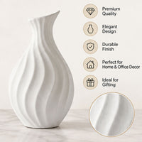 Anupam Premium Graceful Elegant White Ribbed Wave Ceramic Vase without Flower Sticks for Home Decor Gift Items - White (Pack of 1)