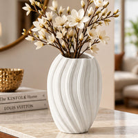 White Ribbed Ceramic Flower Vase, Multicolour Decorative Vase for Home Décor, Table Décor & Gifting