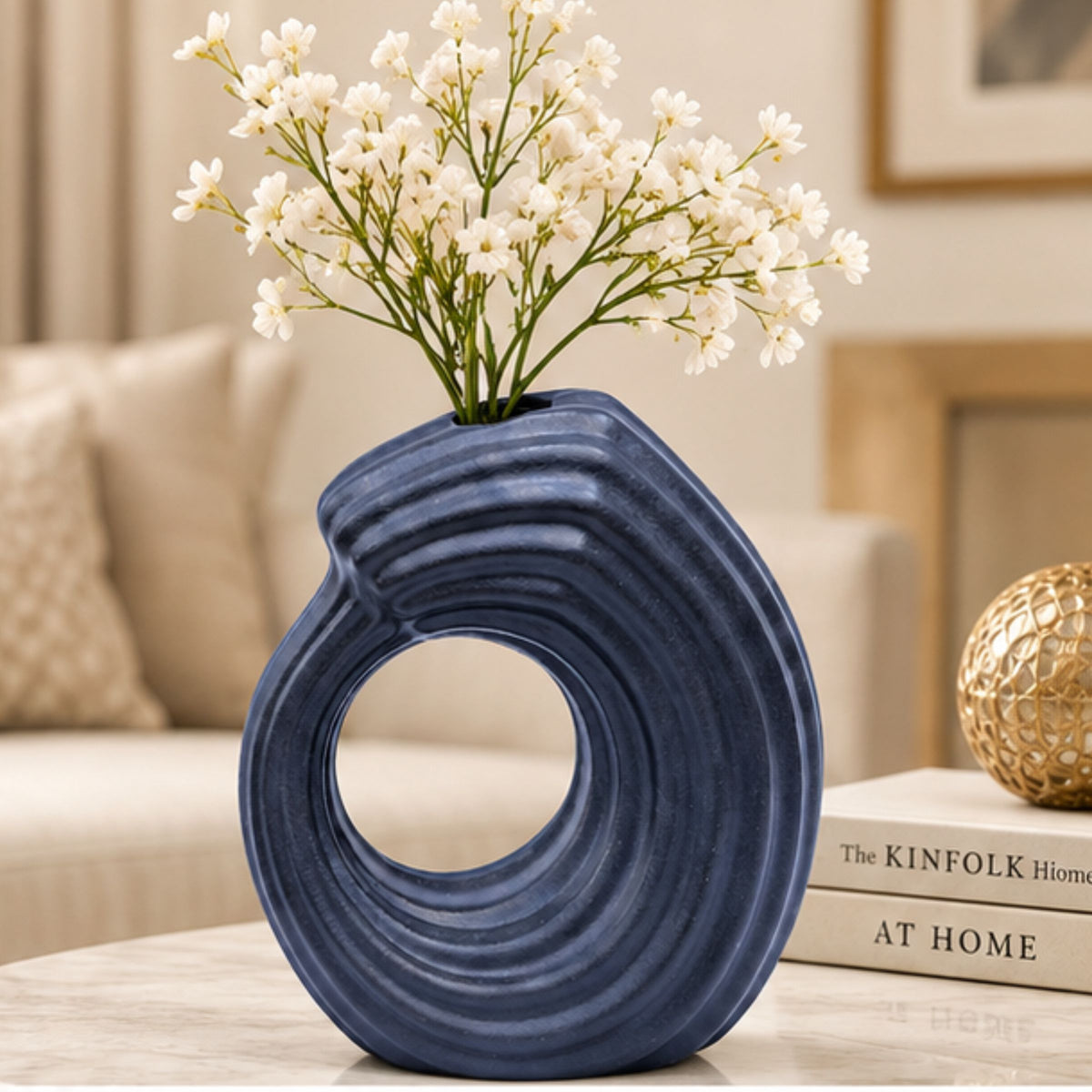Anupam Premium Elegant Modern Blue Circular Cutout Ceramic Vase Without Flower Stick for Home Decor Gift Items - Multicolor (Pack of 1)