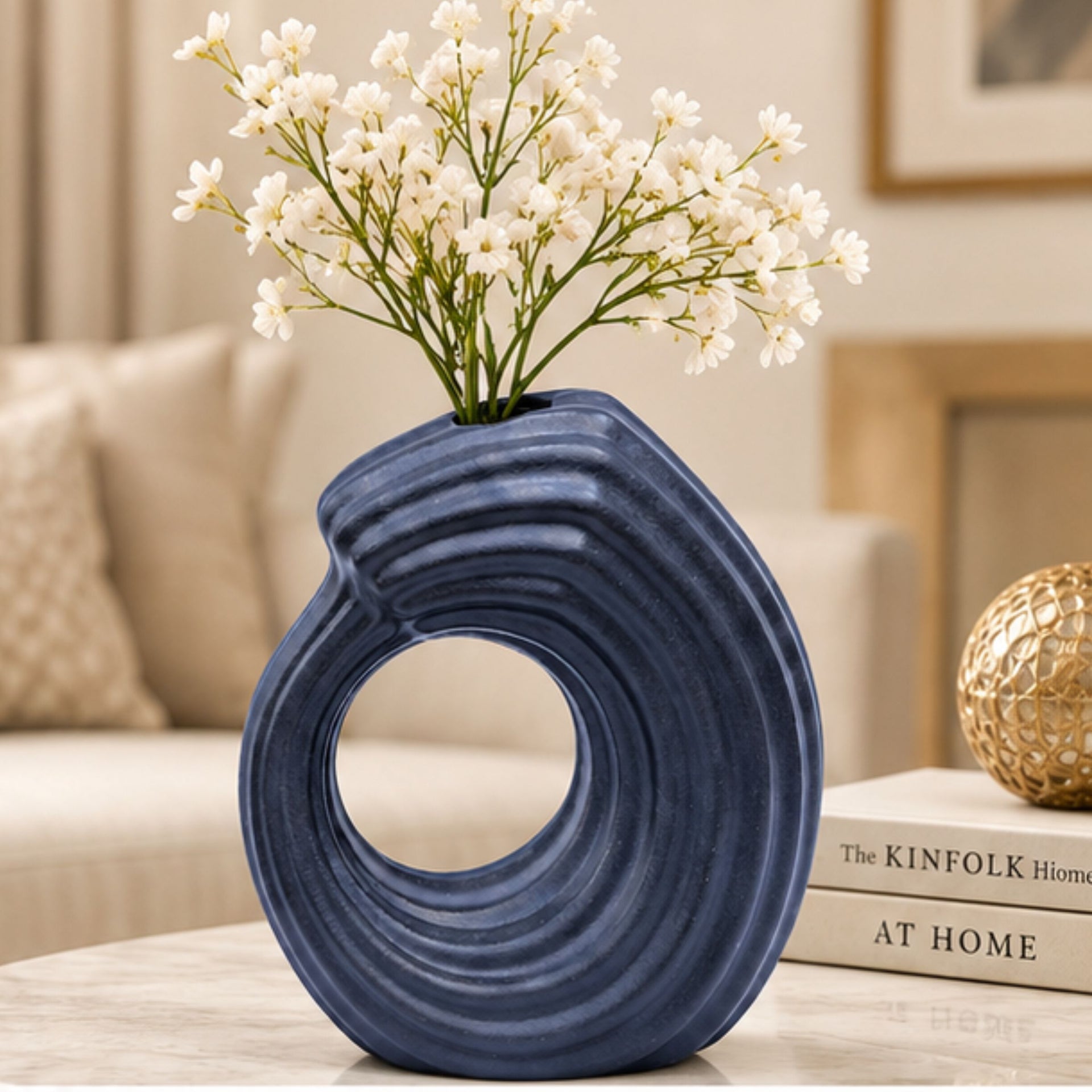 Anupam Premium Elegant Modern Blue Circular Cutout Ceramic Vase Without Flower Stick for Home Decor Gift Items - Multicolor (Pack of 1)