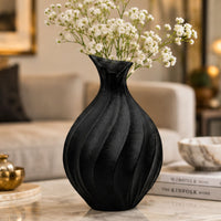 Anupam Premium Exquisite Black Ribbed Textured Ceramic Vase for Modern Home Office Decor Gift Items - Flower Stick Not Included