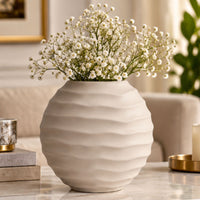 Anupam Premium Charming Modern Beige Ribbed Ceramic Decorative Vase Without Flower Sticks for Home Decor Gift Items - Pack of 1