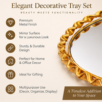 Anupam Luxury Golden Mirror Decorative Tray Set of 2 with Braided Border for Home Decor, Serving and Premium Gifting