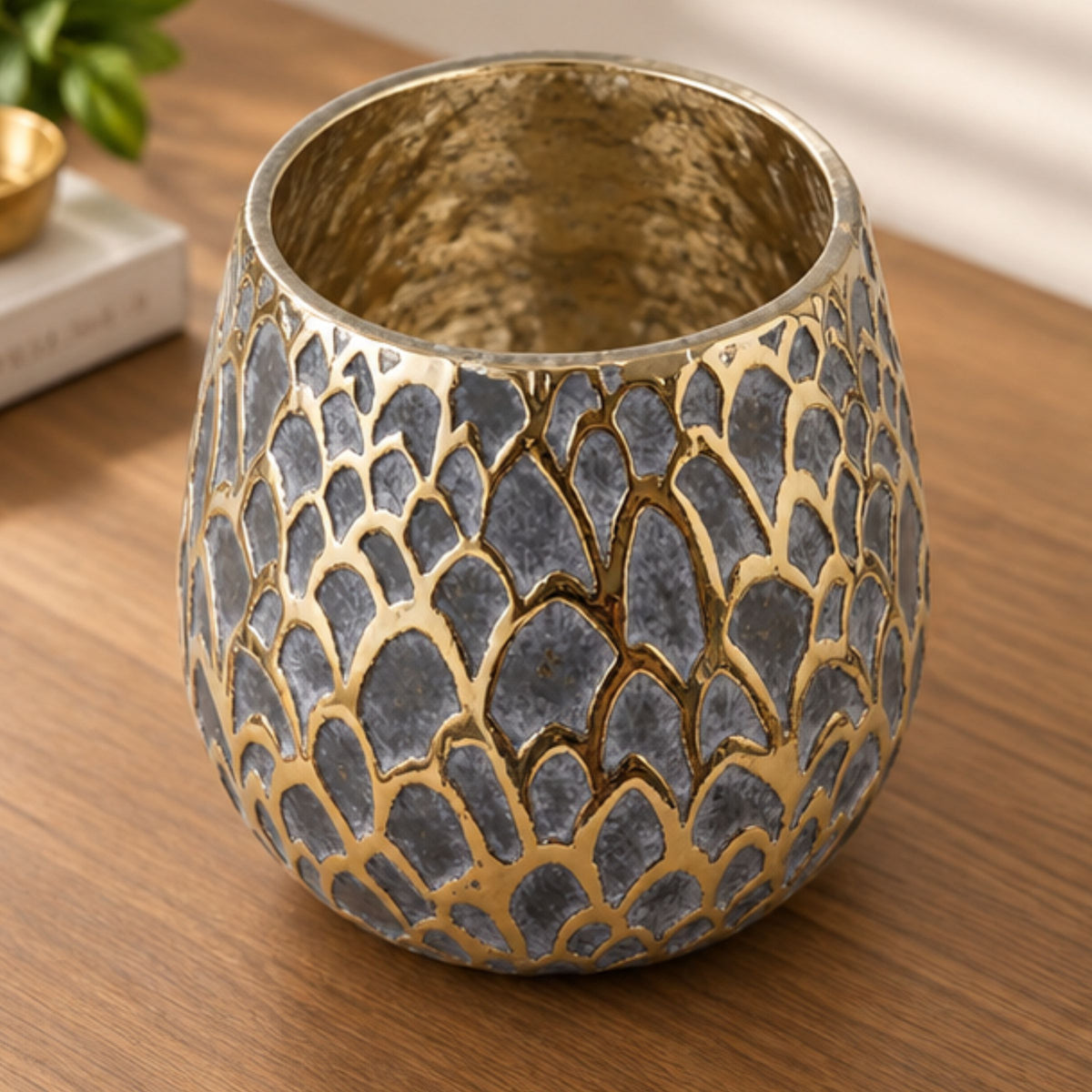 Anupam Premium Enchanting Gold & Grey Mosaic Pattern Round Ceramic Vase for Home Decor Gift Items - Flower Sticks not Included