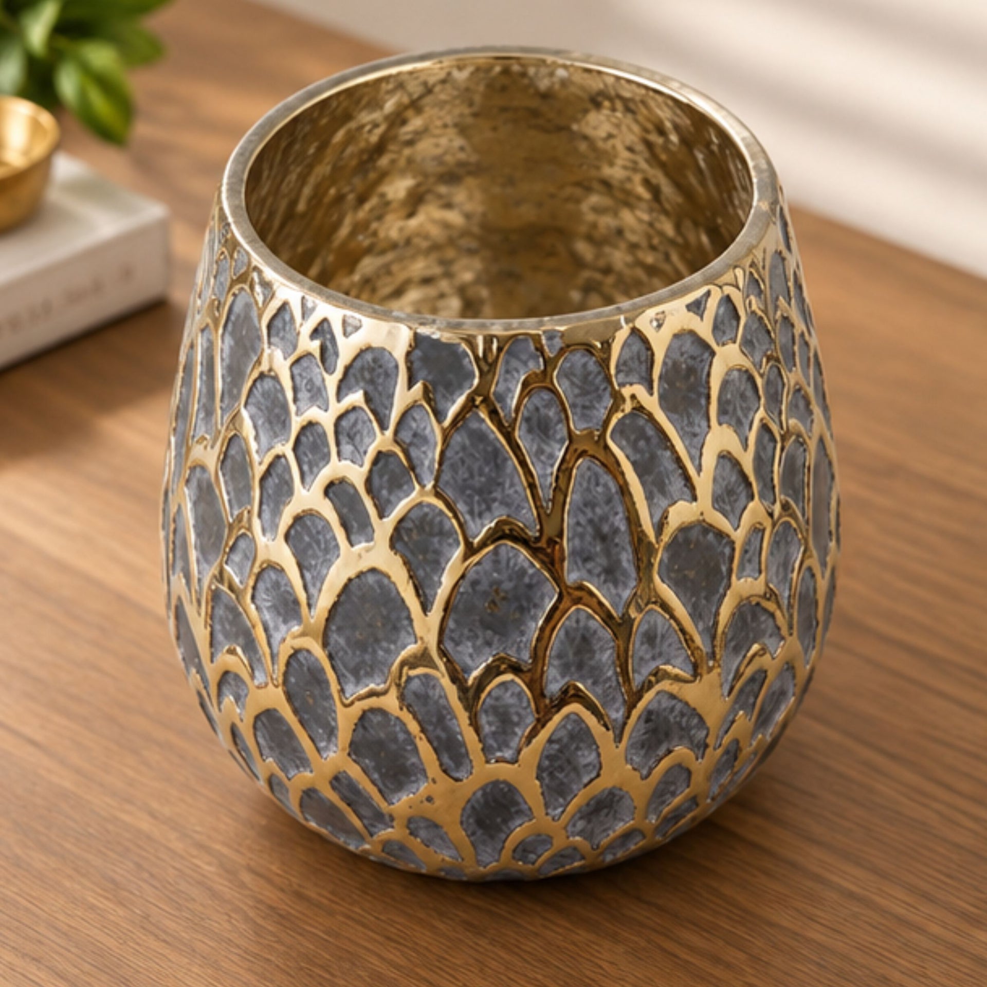 Anupam Premium Enchanting Gold & Grey Mosaic Pattern Round Ceramic Vase for Home Decor Gift Items - Flower Sticks not Included