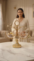 Anupam Gold Twin Scalloped Glass Bowl Dry Fruit & Chocolate Serving Stand with Floral Detail and Ring Handle – 33 × 28 cm (H × W)
